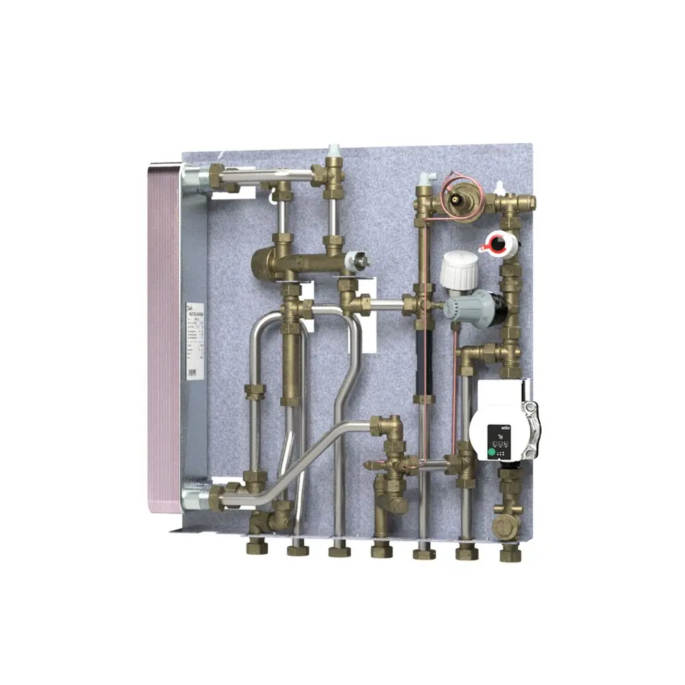 Danfoss Wohnungsstation für Heizungsanlagen mit verschiedenen Anschlussarmaturen, Ventilen und Sensoren zur Regelung von Heizungsflüssen.